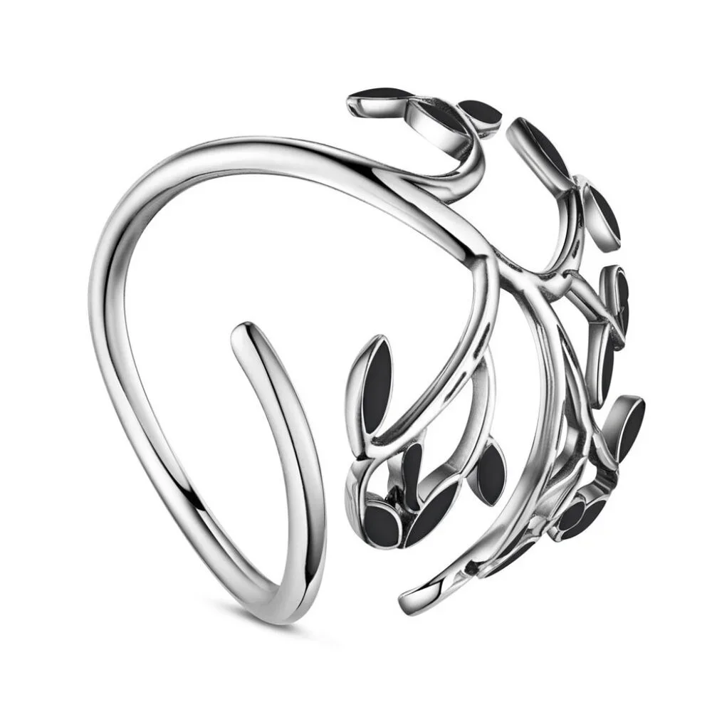 Black enamel leaf adjustable wrap ring in 925 sterling silver Big Dramatic NWOT - Picture 4 of 5